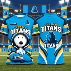 Auspiritmerch Gold Coast Titans x Snoopy T-Shirt Custom Name Gift For Fan