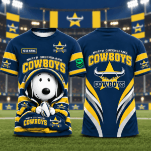 Auspiritmerch North Queensland Cowboys x Snoopy T-Shirt Custom Name Gift For Fan