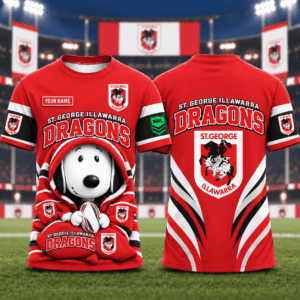 Auspiritmerch St. George Illawarra Dragons x Snoopy T-Shirt Custom Name Gift For Fan
