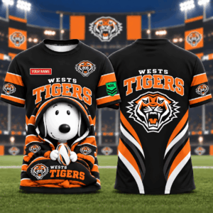 Auspiritmerch Wests Tigers x Snoopy T-Shirt Custom Name Gift For Fan